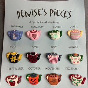 Calendar Year of Tea Pot Pin Brooch Seasons Months Plaster Handmade Hand Painted